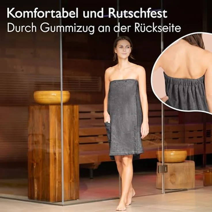 Liebenstein Saunakilt Damen, samtweicher Kilt aus 100% Baumwolle mit Gummizug, anthrazit, 360 g/m², mit Druckknöpfen und seitlicher Tasche – Bild 4