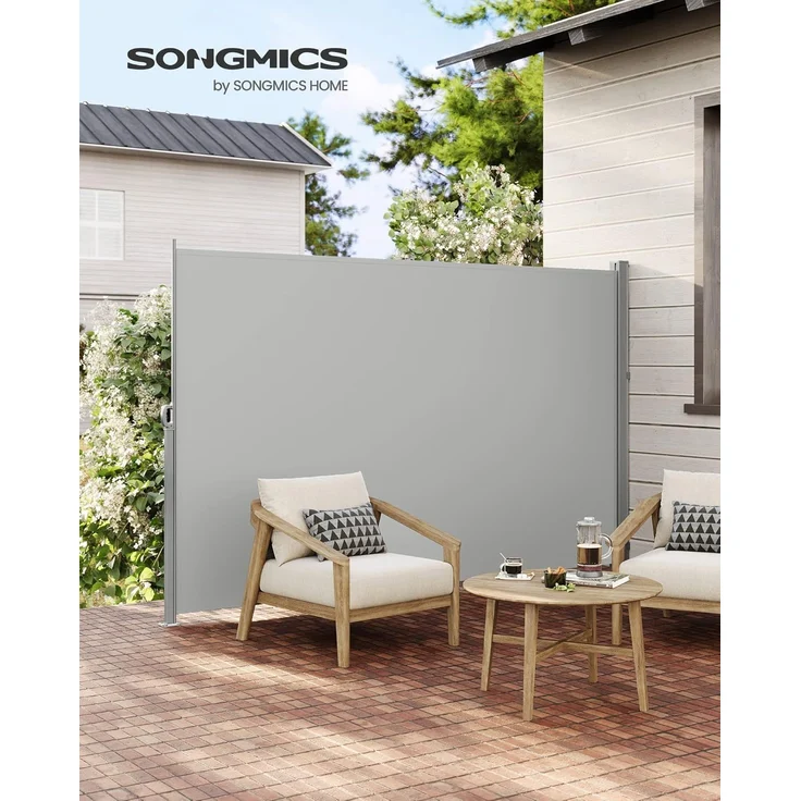 SONGMICS Seitenmarkise mit Stahl-Kasten, rostbeständig, ausziehbar, Hellgrau, 160x350 cm – Bild 2