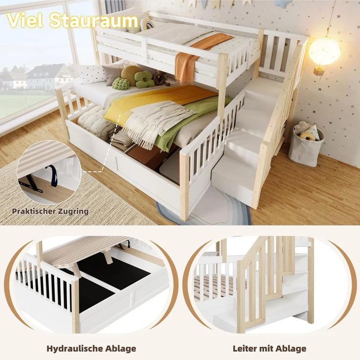Etagenbett mit 2 Liegeflächen, Stauraum und Rausfallschutz, 90x200cm/140x200cm, Treppe mit Regal, Kinderbett, Jugendbett, Kiefer – Bild 5
