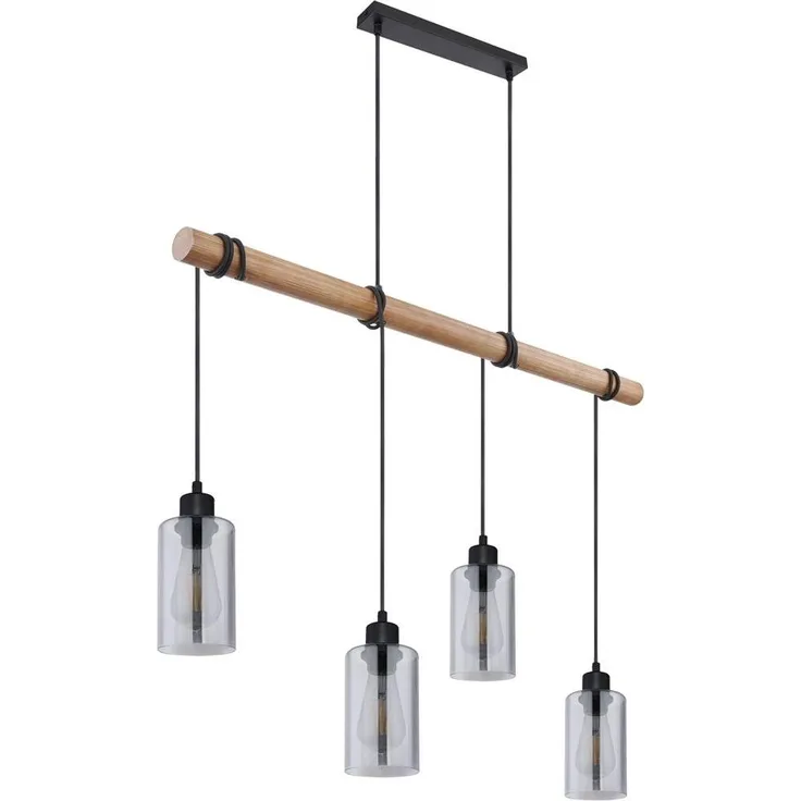 Hängeleuchte, Holzbalken, Glas rauchfarben, H 130 cm