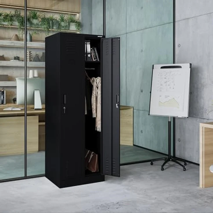 Jan Nowak Spind Schrank, Kleiderschrank, Metallschrank, Schließfachschrank | 2 Abteile mit Kleiderstange, Lüftungsschlitze, Trennwände, 4 Kleiderhaken pro Abteil | 180 cm x 60 cm x 50 cm | Schwarz – Bild 9