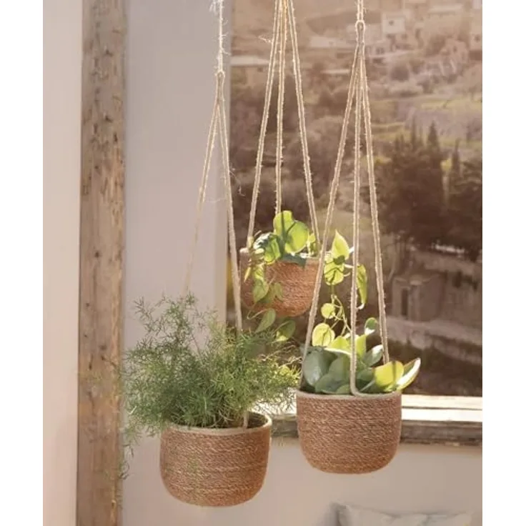 3x Pflanzenampel "Terra" aus Seegras, braun, Blumenampel, Hängeampel