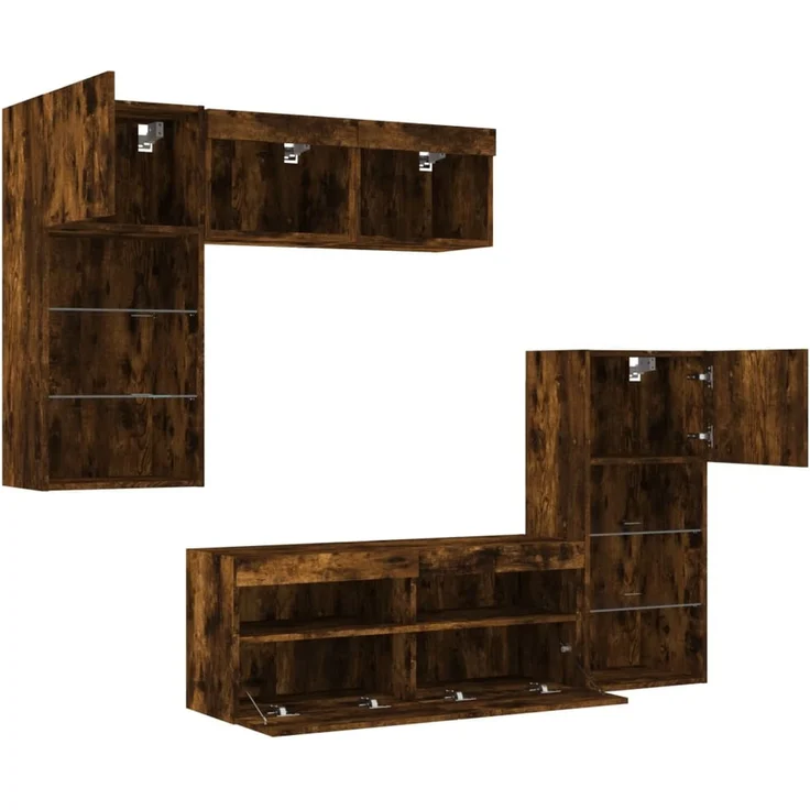 5-tlg. Wohnwand Schrankwand mit LED-Beleuchtung Räuchereiche Holzwerkstoff – Bild 6