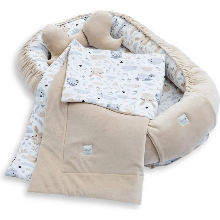 Loolay Kuschelnest BABYNEST + DECKE + Kissen Babyausstattung Baumwolle & Samt Velours, (MUSTER: BEIGE Samt Velour/ HASE EULE, 3-tlg, Liebevoll handgefertigt Nestchen! Geborgenheit Komfort für Neugeborene), Premium Ausstattung - 100% Europäische Stoffe ... – Bild 4