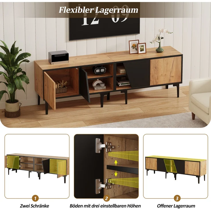 TV-Schrank 160x36,5x45 cm in Naturholzoptik mit 4 Fächern & diagonalen Türen – Bild 6