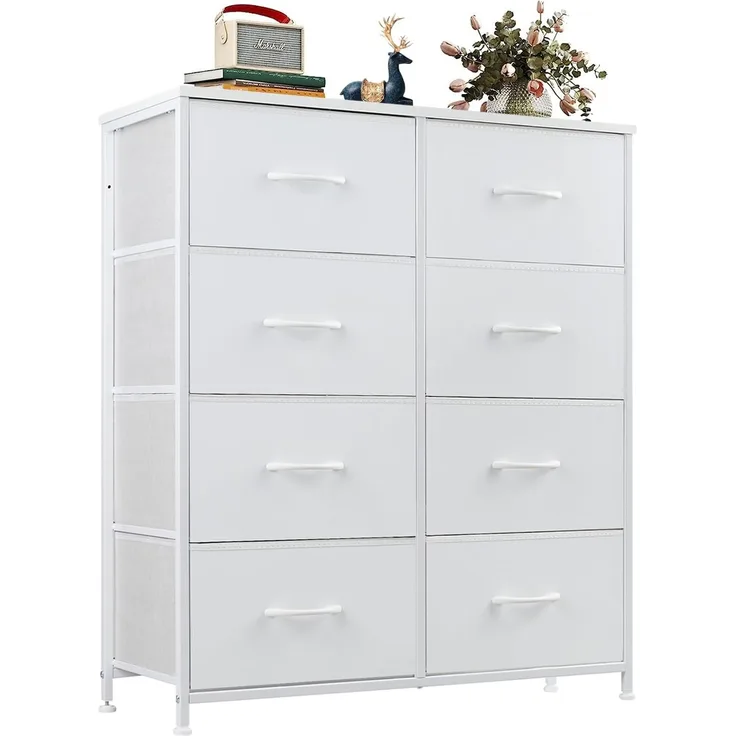 Sweetcrispy Kommode mit Stoff-Schubladen, Sideboard mit 8 Stoff-Schubladen, Schubladenschrank, Organisationsmöbel für Küche, Büro, Flur, TV-Schrank mit Schubladen, Weiß