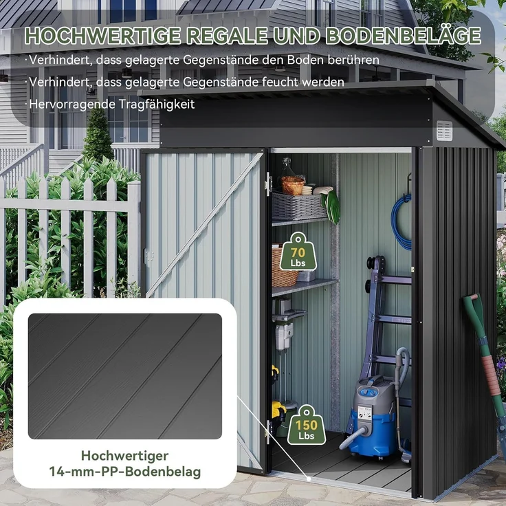 Aoxun Metall Gerätehaus mit Boden & 2 verstellbaren Einlegeböden, 150x91 x 185 cm, Outdoor-Schuppen, mit Lüftungsschlitz und Schiebetür, Werkzeugaufbewahrung, Fahrradschuppen, für Terrasse, Rasen, Schwarz – Bild 4
