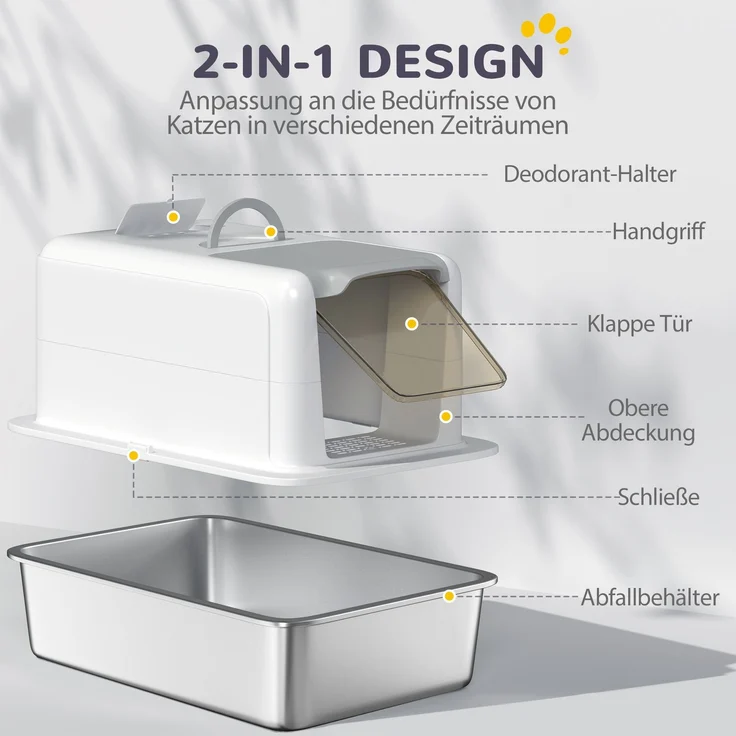 Katzenklo, Katzentoilette mit Deckel, Wanne aus Edelstahl, eingebauter Streufilter, inklusive Streuschaufel, für Katzen bis 6 kg, Weiß--Weiß--40.5x60.5x41.5cm--YOUDENOVA – Bild 6