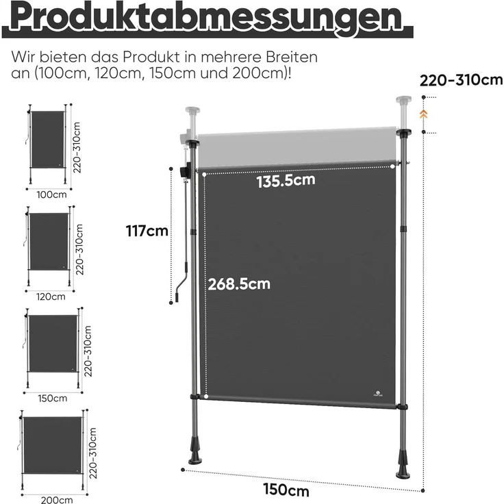 Strattore Ausziehbare Klemmmarkise / Senkrechtmarkise höhenverstellbar 100 x 310 cm - Anthrazit – Bild 6