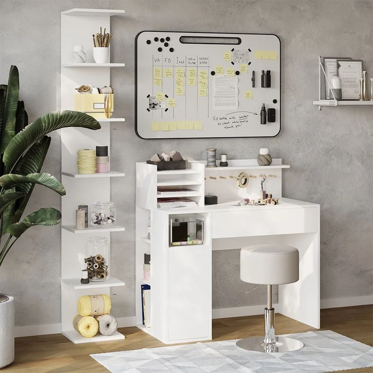 Schreibtisch Weiß 3 Teile, mit Bücherregal und Hocker Vicco – Bild 4