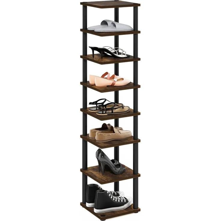 Furinno Turn-N-Tube 8-stufig Vertikaler, platzsparender, freistehender Schuhturm, Schuhregal für den Eingangsbereich, Bernsteinkiefer/Schwarz
