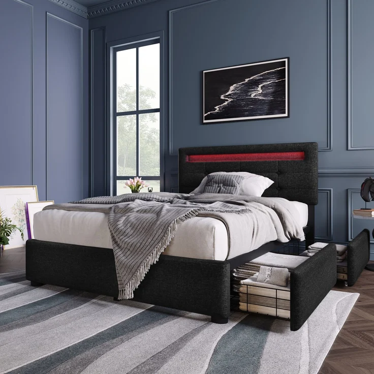 Einzelbett 90 × 200 cm mit LED-Beleuchtung, verstellbarem Kopfteil, 2 Schubladen, Leinenbezug in Schwarz, modernes Design – Bild 5