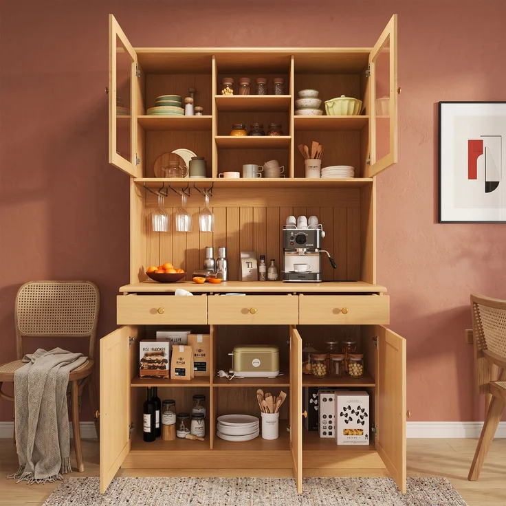 Buffetschränke, Esszimmer-Hochschrank 120×40×191 cm, mit Glastüren, Gläserhalter, mehrstufigem Stauraum, integrierter Steckdose sowie USB-C- und USB-A-Anschlüssen, Naturfarbe – Bild 2