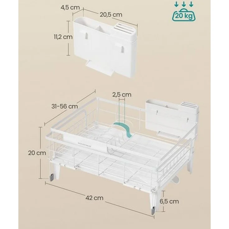 SONGMICS Abtropfgestell Geschirr, ausziehbarer Geschirr-Abtropfständer, wasserabsorbierende Silikonmatte, 360° drehbarer und ausziehbarer Ablauf, (31-56) x 42 x 20 cm, mattweiß-taubengrau – Bild 5