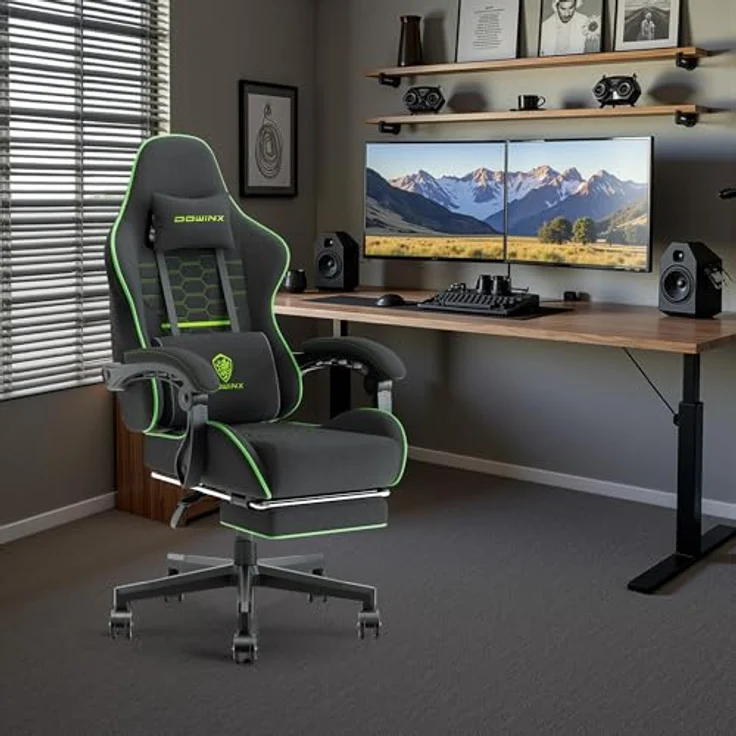 Dowinx Gaming Stuhl Bürostuhl Stoff Tasche Frühling Kissen, Massage Gamer Stuhl Stoff mit Kopfstütze, Ergonomische Bürostuhl mit Fußstütze (Schwarz und Grün) – Bild 3
