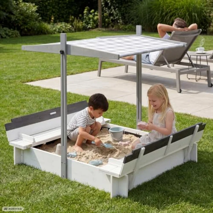 WONDERMAKE Sandkasten quadratisch 120x120 cm mit Abdeckung, Dach, Deckel, Sitzbank und Bodenbank, Holz, grau schwarz, UV-Schutz – Bild 2