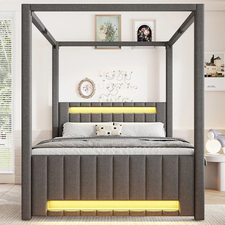 140x200 cm großes Polster-Himmelbett mit Ausziehbett und drei Schubladen, LED-Beleuchtung, Grau – Bild 3