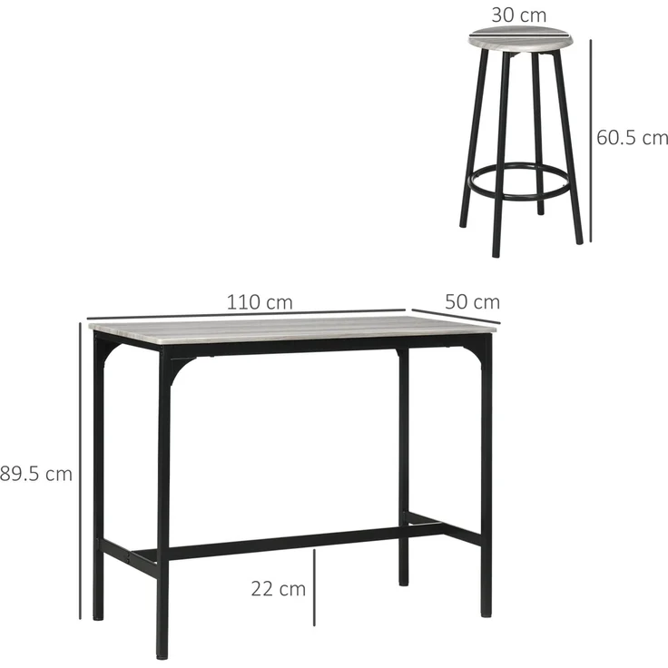 Bartisch-Set, 5-teilig mit 4 Barhockern, 110x50x89,5 cm, Grau – Bild 5