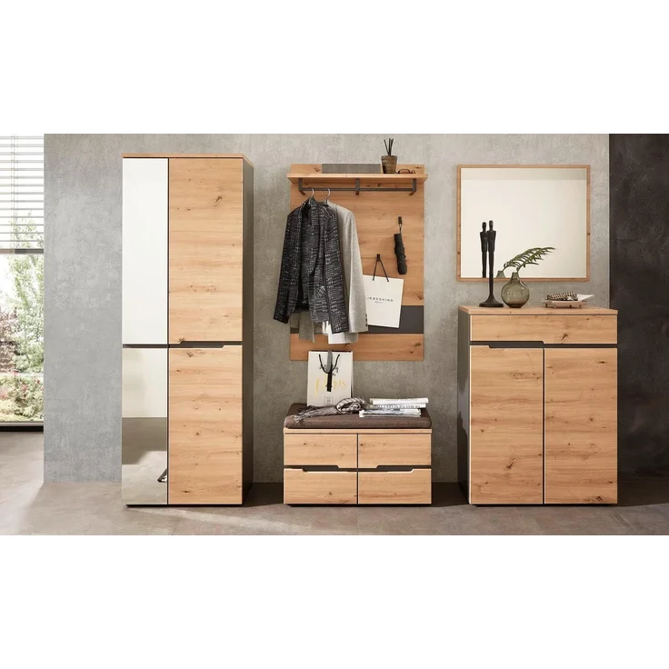 moebel-dich-auf Garderoben-Set MELBOURNE, (Komplettgarderobe, Garderobenschrank + Paneel + Bank + Spiegel + Schuhkommode), in Artisan Eiche MDF, Absetzung graphit – Bild 2