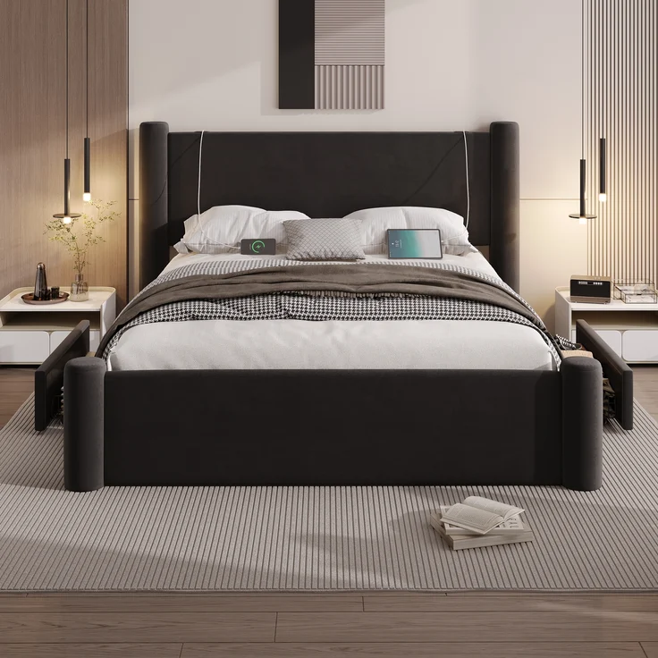 LVHOM Polsterbett 140x200cm Bettgestell, Doppelbett/Stauraumbett/Funktionsbett, Samt, dick gepolstertem Kopfteil, 2 praktischen Stauraumschubladen, integrierten USB-Anschlüssen – Bild 5