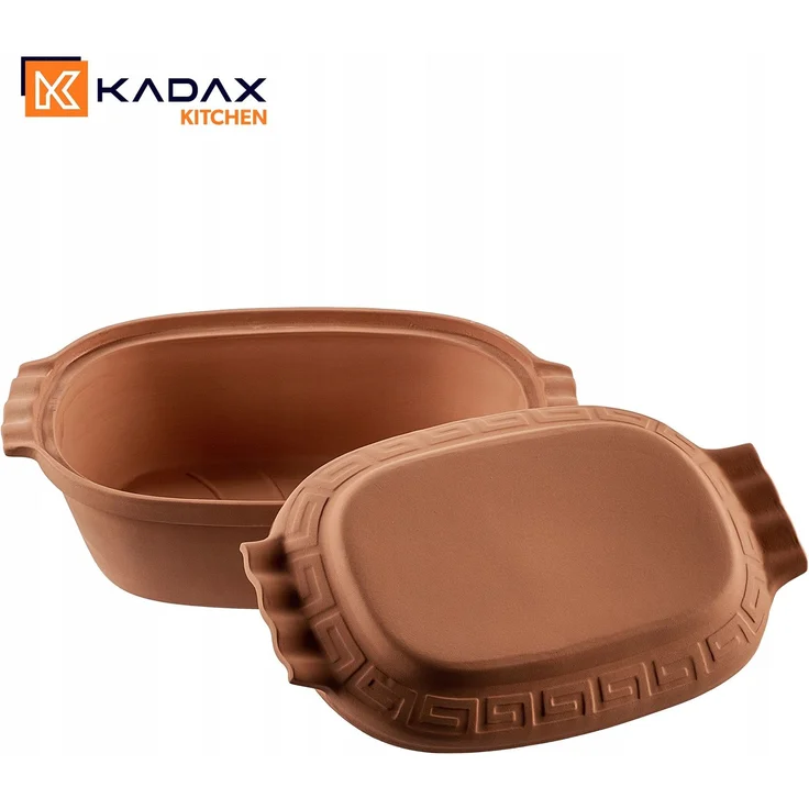 KADAX Ovaler Tonbräter, Keramiktopf mit Deckel und Seitengriffen, Dampfgarer aus natürlichen Materialien, Auflaufform für fettfreies Kochen, Brätertopf (6L) – Bild 4