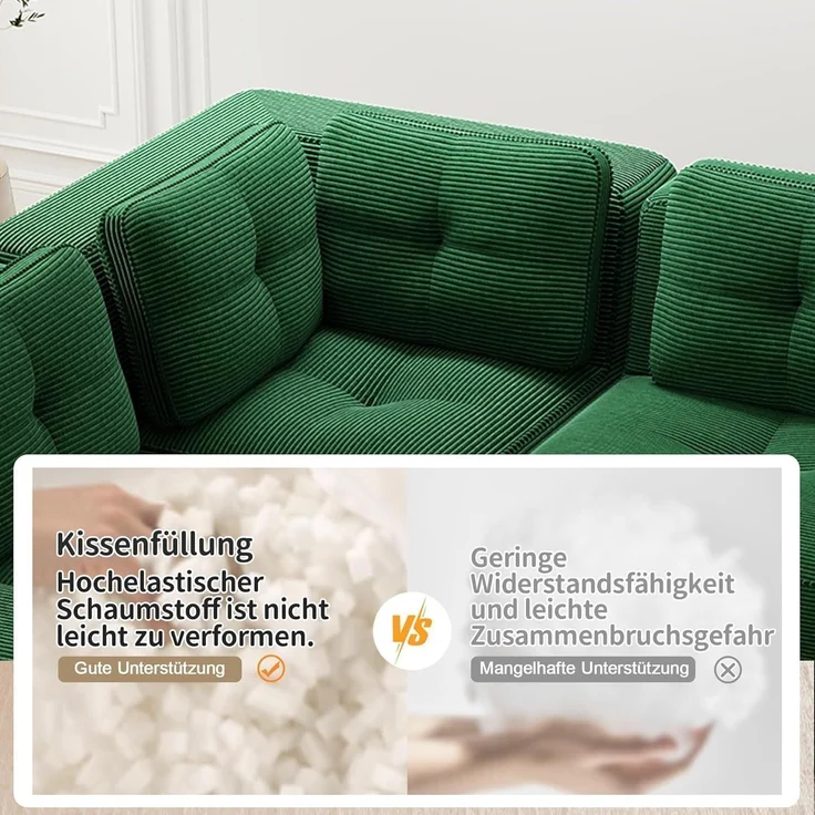 3-Sitzer-Sofa Ecksofa Cordstoff Polsterung Armlehnen Grün 3-Sitzer – Bild 8