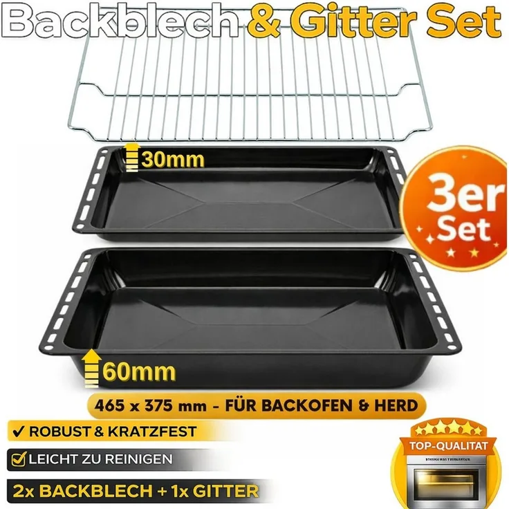 ICQN Backblech 465 x 370 x 30 und 60 mm Backblech Set mit Gitter, Emaille, (Set, 3-St, Fettpfanne und Verchromt Backofenrost), Passend für Bosch Neff Constructa