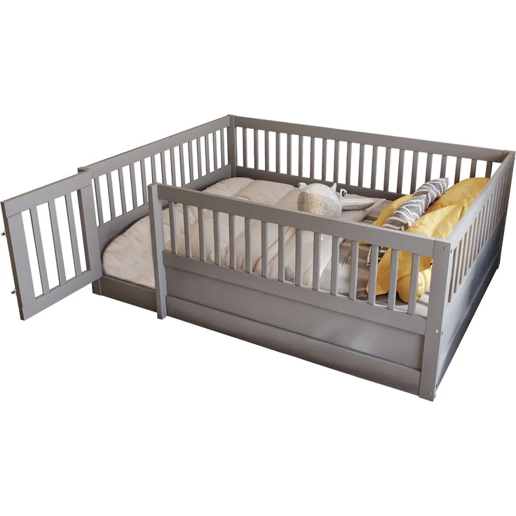 Kinder Bodenbett aus massivem Kiefernholz 140x200 cm mit Zaun & Tür,sicheres Spielbett,offenes Hausbett,Grau – Bild 5