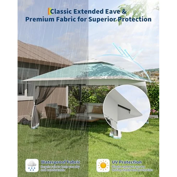 Faltpavillon Moskitonetz 3x3 m mit 4 Seitenteilen – Pop Up Pavillon wasserdicht & stabil, UV-Schutz 50+, höhenverstellbar, Doppeldach Pavillion für Patio & Familie (Pastellblau + Grau) – Bild 5