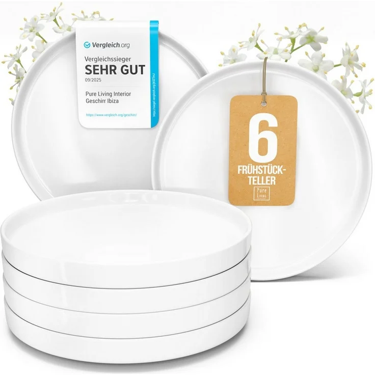 PURE LIVING INTERIOR DESIGN Geschirr-Set Crystal Dessertteller, Frühstückteller, 6er-Set, 20 cm, Weiß (6-tlg), 6 Personen, Porzellan – Bild 1