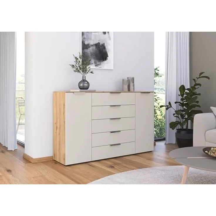 Rauch Möbel Flipp, Kommode für Schlafzimmer, Kinderzimmer, Wohnzimmer, Jugendzimmer, Flur, Garderobe, 2-türig, 5 Schubladen, mit Softclose-Funktion, Farbe Eiche Artisan, Holz/Beige, Breite 160 cm – Bild 3