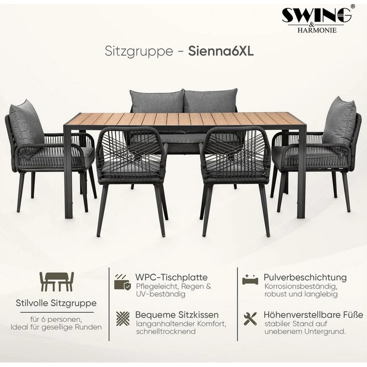 Swing&Harmonie Gartenlounge-Set für 4-6 Personen mit Tisch, Sofa, Stühle, (wetterfest, WPC-Tischplatte, Seilgeflecht Lounge, inkl. Kissen Sienna Garten Sitzgruppe) – Bild 2