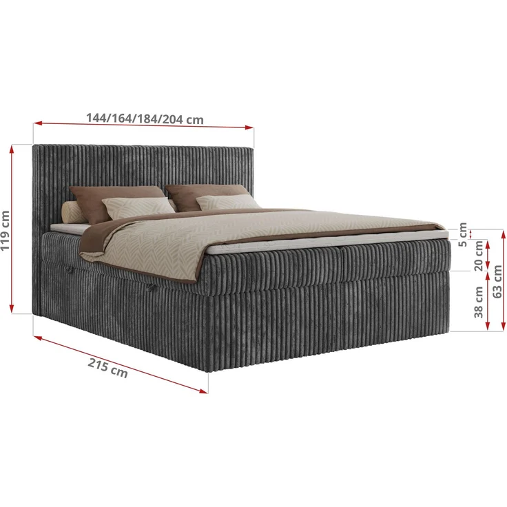 Boxspringbett mit Kopfteil und Topper T25, Cord Bett - TILIANO - 140 x 200 cm - Grau Cord - H4 – Bild 5
