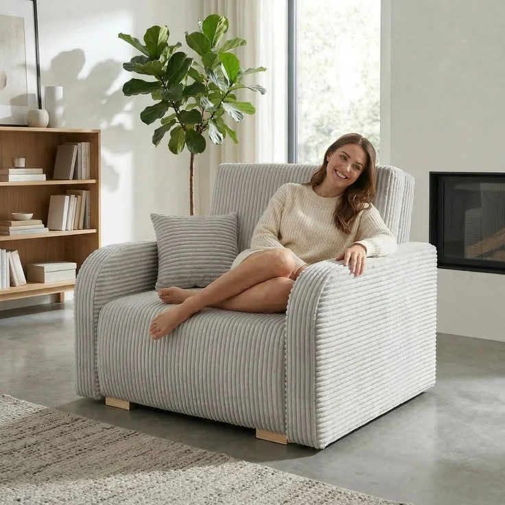 Wohnero24 Lirena 1 Schlafsessel mit Bettfunktion 80x195 cm – Cord Sessel ausziehbar 103x95 cm mit Bettkasten, kleines Gästebett, platzsparendes Einzelschlafsofa - Hellgrau – Bild 1