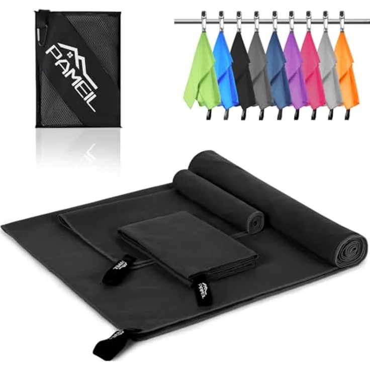 Pameil Mikrofaser Handtuch 3er Set, schnelltrocknend und super saugfähig, 160x80cm Badetuch + 2x 80x40cm Handtücher, Schwarz