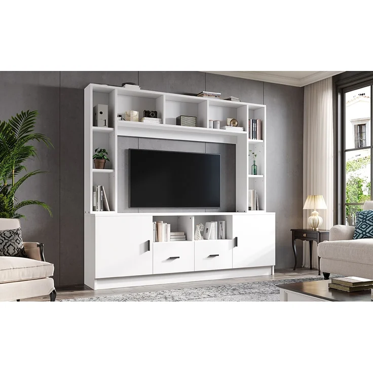 180*35*170cm TV Wohnwand-set mit Vitrine,Mediawand inkl. TV-Board-set und Regal,TV Wohnzimmermöbel-Set mit 2 Schränke, 2 Schubladen , 11 Staufächer, Anbauwand, Wohnzimmerwand, TV bis 60',Weiß--Weiß--180x35x170cm--YOUDENOVA – Bild 10