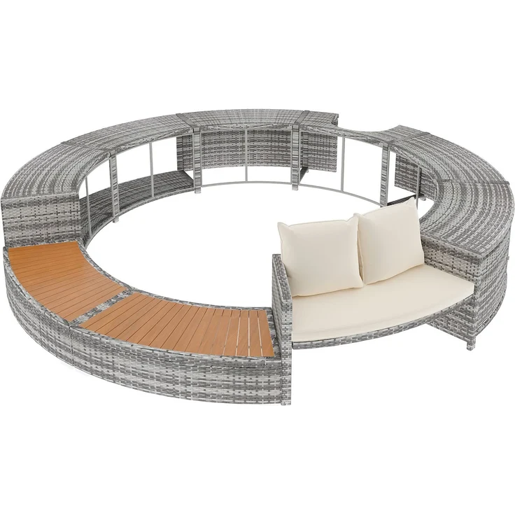 Merax Garten-Lounge-Set mit runder Couch, Gartenmöbel-Set, Poolumrandung, Lounge-Set, für Whirlpool und Pool, mit verstellbaren Füßen, inklusive Kissen, Möbel für Terrasse, Garten oder Poolbereich – Bild 9