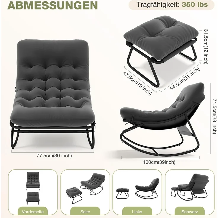 Aoxun Schaukelstuhl mit Hocker für Erwachsene, Ergonomischer Relaxsessel, 77.5x100x71.5 cm, Maximale Belastung von 160kg, Schwarzgrau – Bild 2