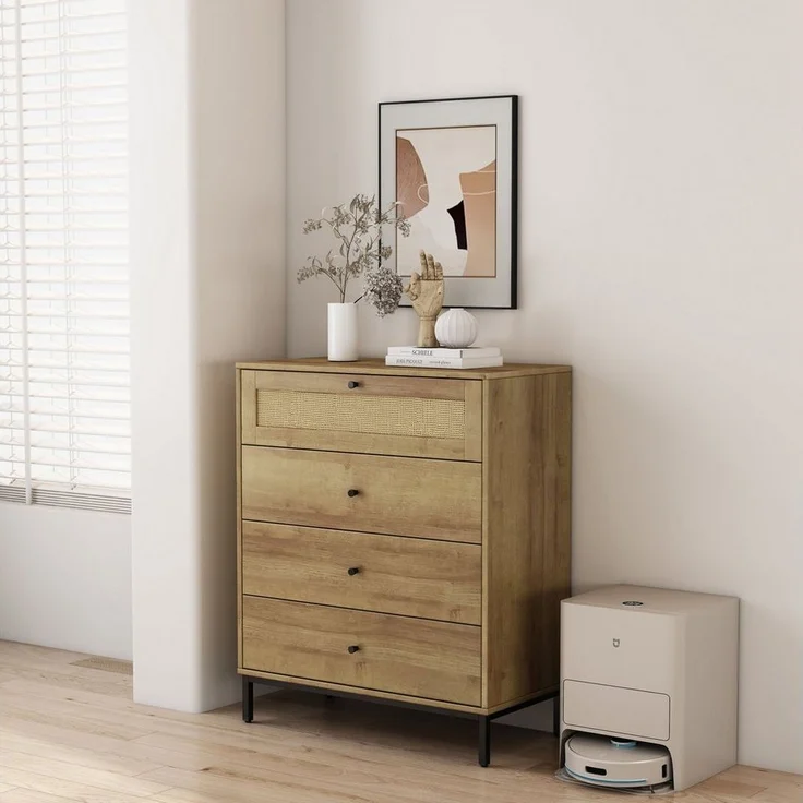 OTTO home Kombikommode Motala Sideboard Wäscheschrank im BOHO Design Bestseller Kommode (Eichen-Design mit Geflecht Schublade und schwarzen Griffen), Schrank Schlafzimmer mit 4 Schubladen hochwertig – Bild 5