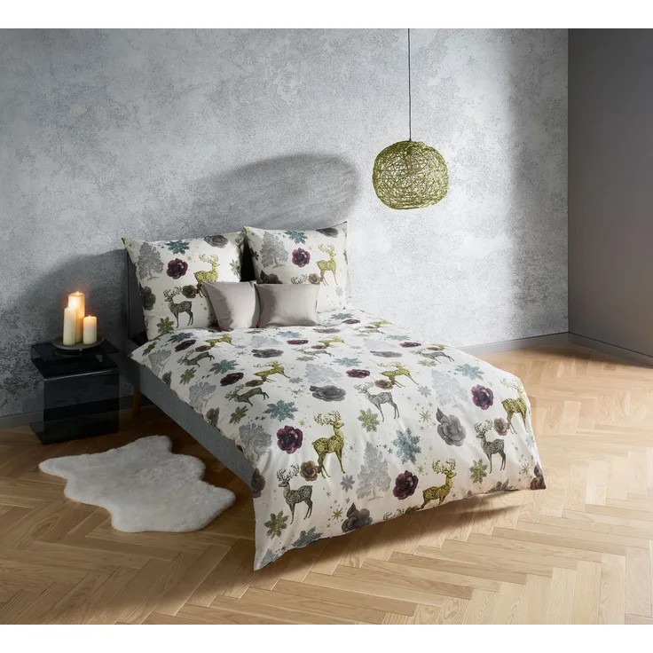 Fleuresse Mako-Satin Bettwäsche 200x200 Hirsch Bäume bunt grau silber 114566-07