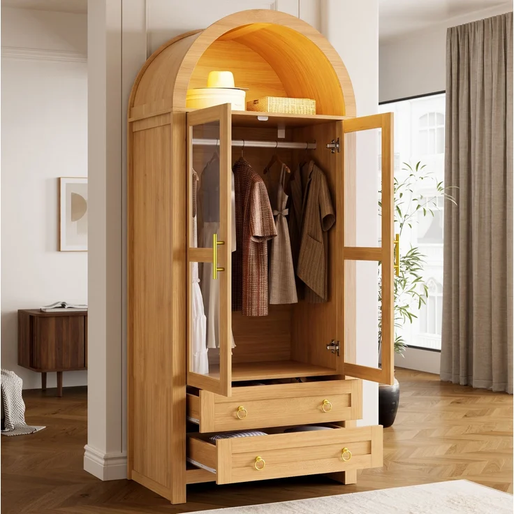 Kleiderschrank 76 x 50 x 185 cm in Eichenoptik mit Glastüren, Schubladen und LED-Beleuchtung – Bild 5