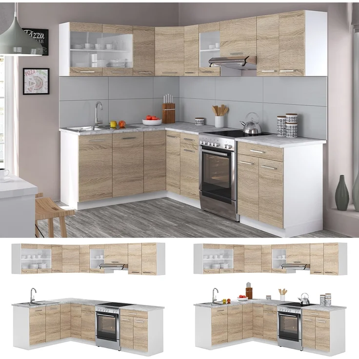 Eckküche R-Line Sonoma/Weiß 247 x 167 cm, AP Marmor mit LED-Leisten Vicco – Bild 2