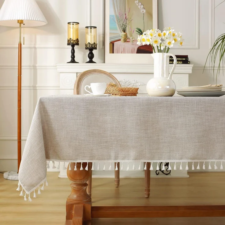 Laolitou Rustikale Baumwoll-Leinen-Tischdecke, Tischdecken für rechteckige Tische, wasserdicht, waschbar, mit Quaste, rechteckig/länglich, 140x213 cm, 6–8 Sitze – Bild 7