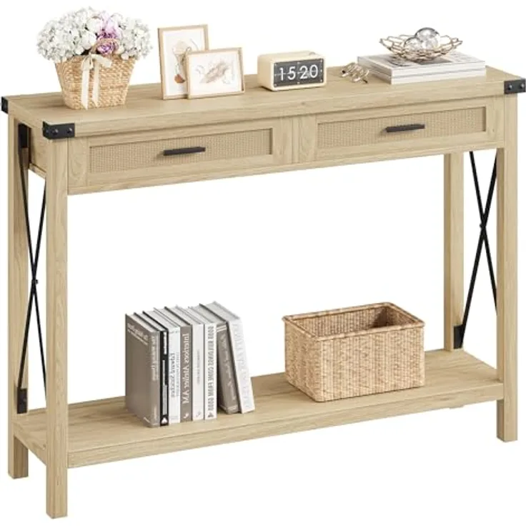 GarveeHome Flurtisch, Konsolentisch Mit Rattan-Schubladen, Sofatisch Mit 2 Ablageflächen, Einzigartiges x-Förmiges Design, Ideal Für Flur, Wohnzimmer, Diele, 110 x 30 x 78 cm,Holzfarbe