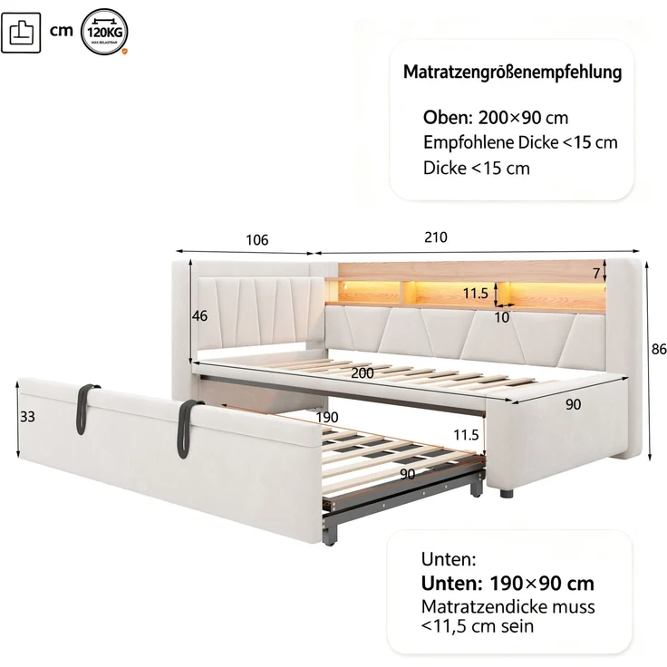 Ausziehbett mit Samtbezug, USB-Anschluss & LED, 90x200 cm, Beige, ohne Matratze – Bild 5
