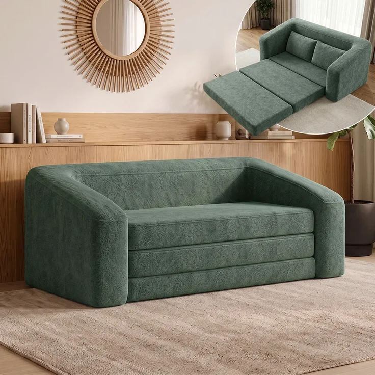skølm 'Fjäll' Schlafsofa 2 Sitzer mit 2 Kissen, dunkelgrün, Teddy-Bouclé Sofa ausklappbar, mit Liegefunktion, vakuumverpackt ohne Aufbau – Bild 1