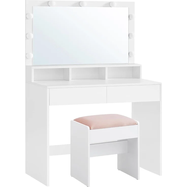 VASAGLE Schminktisch, mit LED-Beleuchtung, einstellbare Helligkeit, Frisiertisch mit Spiegel, Hocker, Kosmetiktisch mit 2 Schubladen und 3 offenen Fächern, modern, wolkenweiß und pastellrosa RDT720W01 – Bild 1