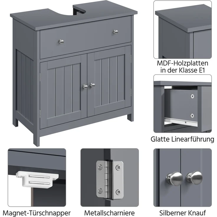 Yaheetech Waschbeckenunterschrank mit Schublade & 2 Türen, Holz grau, 60 x 30 x 60 cm – Bild 6