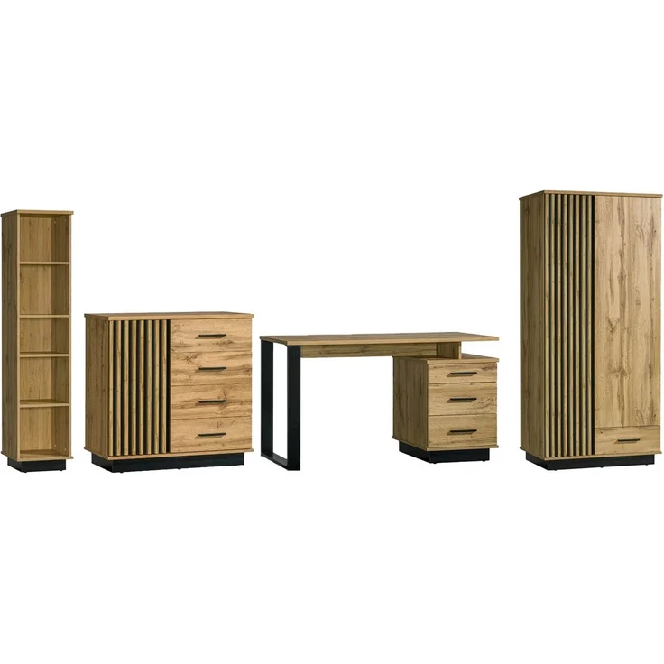Beautysofa Jugendzimmer-Set LAMELO im modernen Loft-Stil, (Holzoptik mit schwarzen Details, Set 4-teilig: Kleiderschrank, Bücherregal, Schreibtisch und Kommode), Möbelset fürs Büro – Bild 2