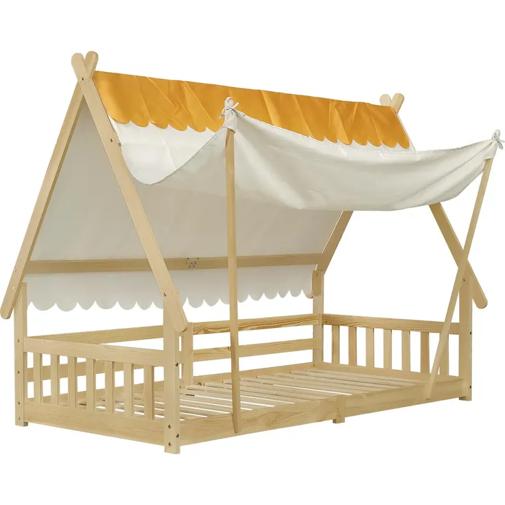 Hausbett mit Lattenrost und Zelt, 90x200 cm, Kinderbett mit Zaun, Holzbett, Einzelbett, Kiefer – Bild 7